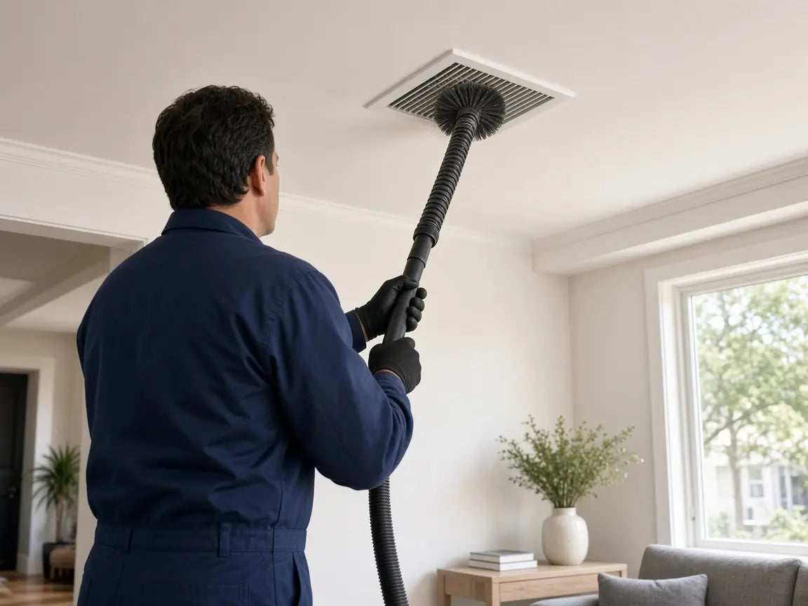 Technician cleaning a ceiling air duct